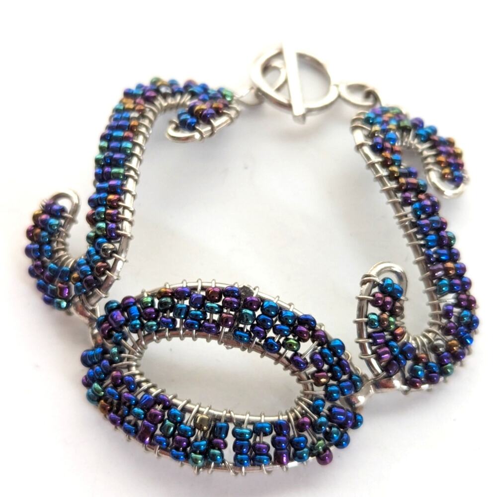 Artisan Seed Bead Beachy Ocean Wire Wrapped Blue Purple Beaded Toggle Bracelet